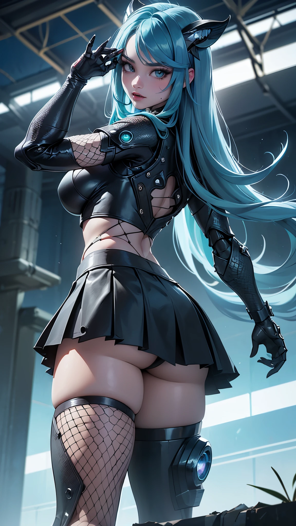 (La mejor calidad,A high resolution,Ultra - detallado,actual),Ariana Grande with miniskirt and neon top, (miniskirt negro colegiala:1.4),(fondo aeropuerto abandonado ciberpunk ruinas:1.4), ,More detailed 8K.motor irreal:1.4,UHD,La mejor calidad:1.4, fotorrealista:1.4, textura de la piel:1.4, obra maestra:1.8,obra-prima, mejor calidad,objeto Objeto], (detailed face features:1.3),(Las proporciones correctas),(convexo Dedos hermosos detallados)，(fishnet medias:1.4),(Ojos hermosos amarillos), (pose vaquero:1.2),  (cabello largo azul neon:1.4),(background carnivorous plants climbing abandoned airport:1.4) ,(cyber samurai cyborg:1.4),(fondo large carnivorous wild plants:1.4),(Perfect anatomy) 