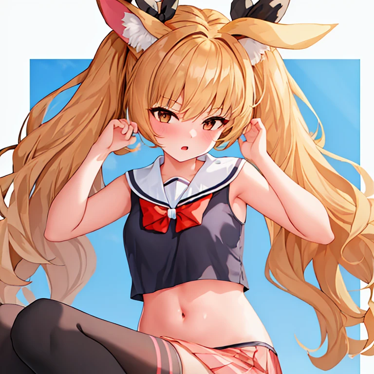 (masterpiece, best quality:1.2),illustration,8k,HD,1 girl,alone,animal_ears,Cat_ears,bow,long_hair,hair_bow,white_hair,Bangs,Moderate_breast,Black_bow,ribbon,direction,Double tail,animal_ear_fluff,Red_Eye,hair bow,navel,white thighhighs,sleeveless tops,sailor collar,mini skirt,arm ribbon,