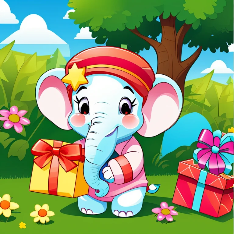 Cute cartoon character of elephant,Holding a present