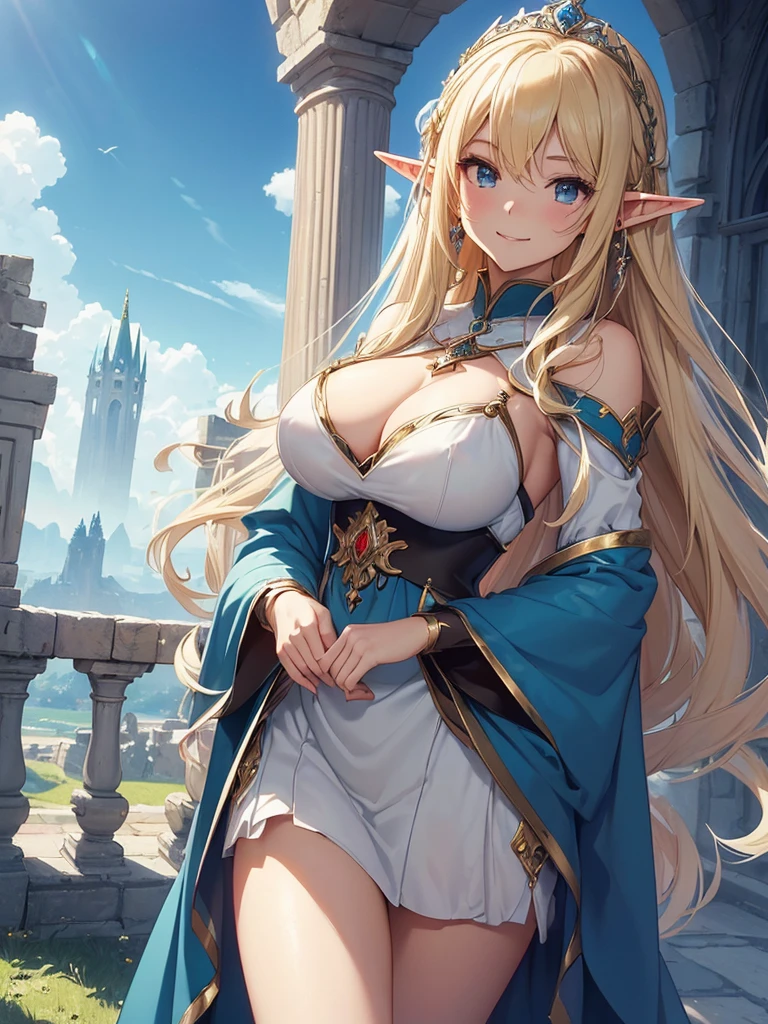 highest quality、Highest image quality、masterpiece、、Beautiful super beautiful elf beauty((22 years old OL big bust、bust 90,beautiful long ironed hair、blonde、、slender、Close-up、Esbian、beautiful tiara、High quality、beautiful art、background((clear sky)))muste piece、visual art、Depth of bounds written、low angle of morning sky、、elf ears、、magic of light、space knight、harp melody🎵、A happy smile、gentle light、、Beautiful legs that are gentle on the skin、、back view ticker beautiful decorative、elegant、mystical rosa、 , beautiful dressy、beautiful dress、、、Lord of the Ring、Final Fantasy、magnificent town、friendly smile、、fantasy art、gothic、Byzantine、Panoramic landscape、pre PAFFAELLs art