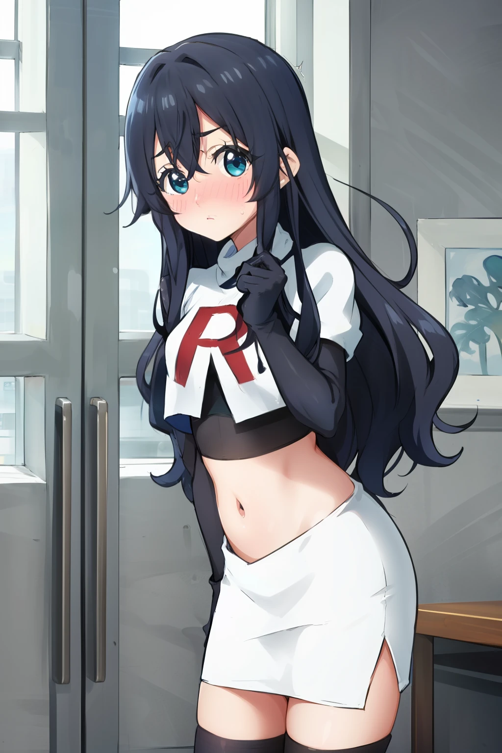 yoshimoto shizuka, 1girl, solo, long hair, looking at viewer, blush, blue eyes, black hair, hair between eyes, very long hair, (shy, blush, embarassed:1.2), (()),high quality, ultra high res, (best quality:0.8), 8k, uhd, dslr, soft lighting, high quality, team rocket,team rocket uniform,white skirt,red letter R,crop top,black thigh-highs,black elbow gloves,