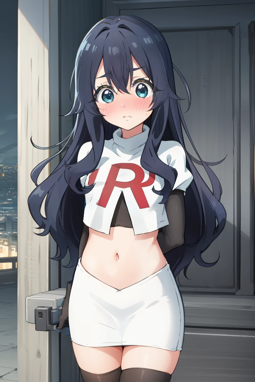 yoshimoto shizuka, 1girl, solo, long hair, looking at viewer, blush, blue eyes, black hair, hair between eyes, very long hair, (shy, blush, embarassed:1.2), (()),high quality, ultra high res, (best quality:0.8), 8k, uhd, dslr, soft lighting, high quality, team rocket,team rocket uniform,white skirt,red letter R,crop top,black thigh-highs,black elbow gloves,