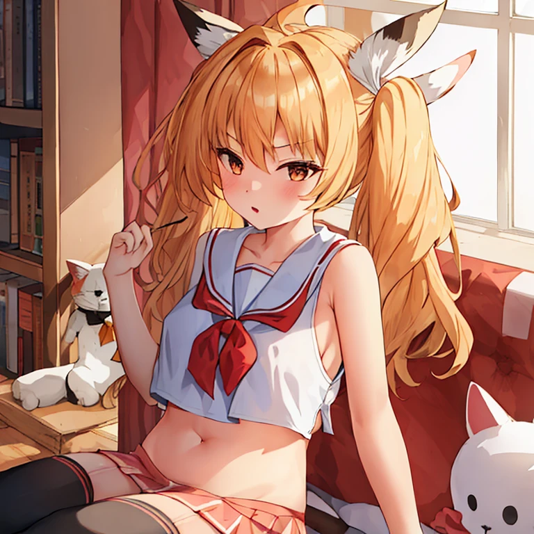 (masterpiece, best quality:1.2),illustration,8k,HD,1 girl,alone,animal_ears,Cat_ears,bow,long_hair,hair_bow,white_hair,Bangs,Moderate_breast,Black_bow,ribbon,direction,Double tail,animal_ear_fluff,Red_Eye,hair bow,navel,white thighhighs,sleeveless tops,sailor collar,mini skirt,arm ribbon,