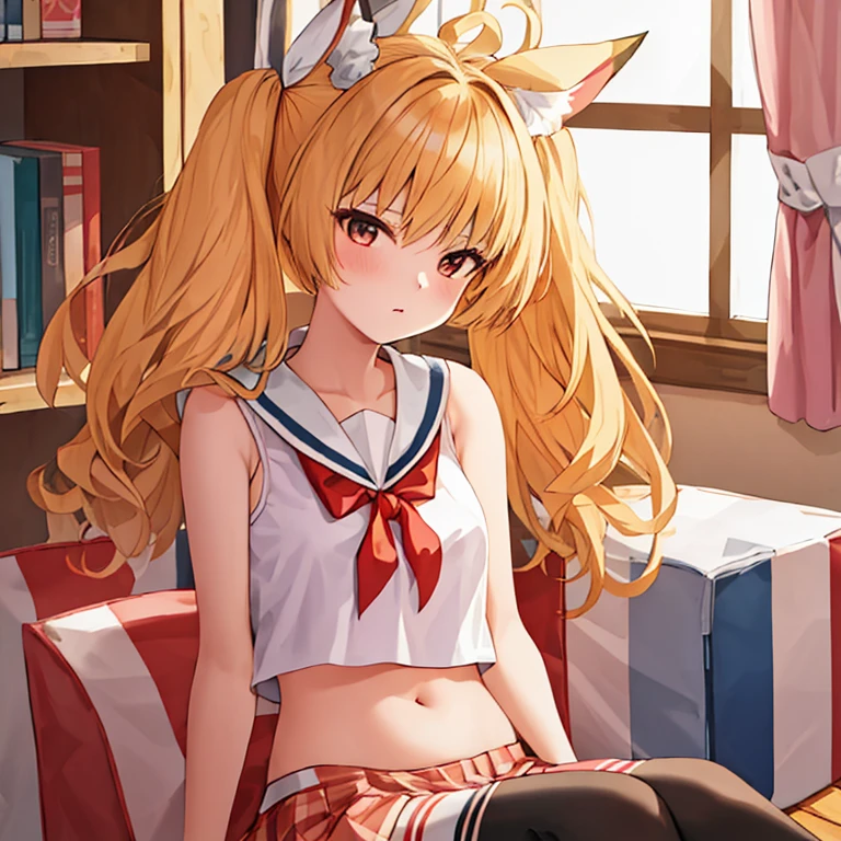 (masterpiece, best quality:1.2),illustration,8k,HD,1 girl,alone,animal_ears,Cat_ears,bow,long_hair,hair_bow,white_hair,Bangs,Moderate_breast,Black_bow,ribbon,direction,Double tail,animal_ear_fluff,Red_Eye,hair bow,navel,white thighhighs,sleeveless tops,sailor collar,mini skirt,arm ribbon,