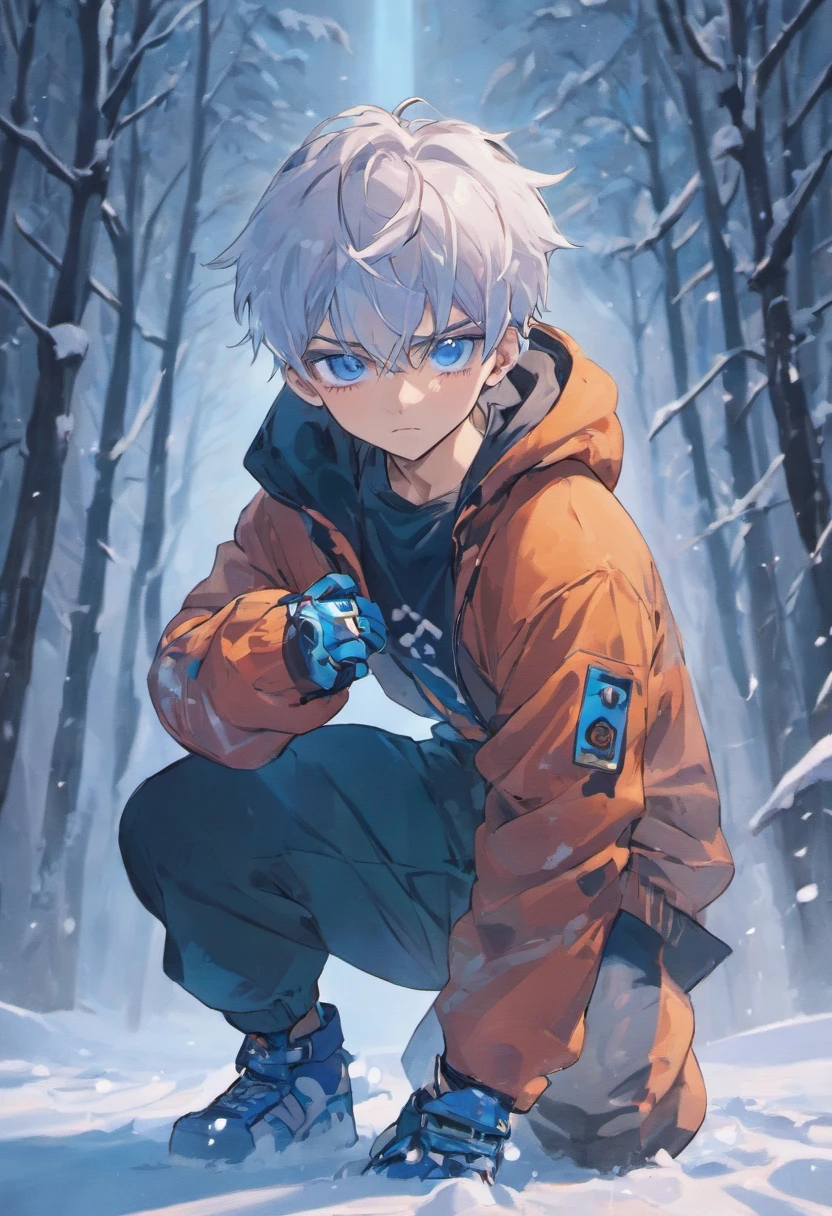 Wallpaper phone，anime characters，Two-dimensional image，Japanese comic style，8k，The best picture quality，Delicate facial features，full body portrait，panoramic，telephoto lens，cool, white messy hair, One eye is covered by hair，You can&#39;t see his right eye , dressing ,((wearing gloves)), blue eyes, 16 years old, 1 boy, fighting stance，Wearing a white hooded sweatshirt，Black super shorts，white combat boots，goggles，in the snow