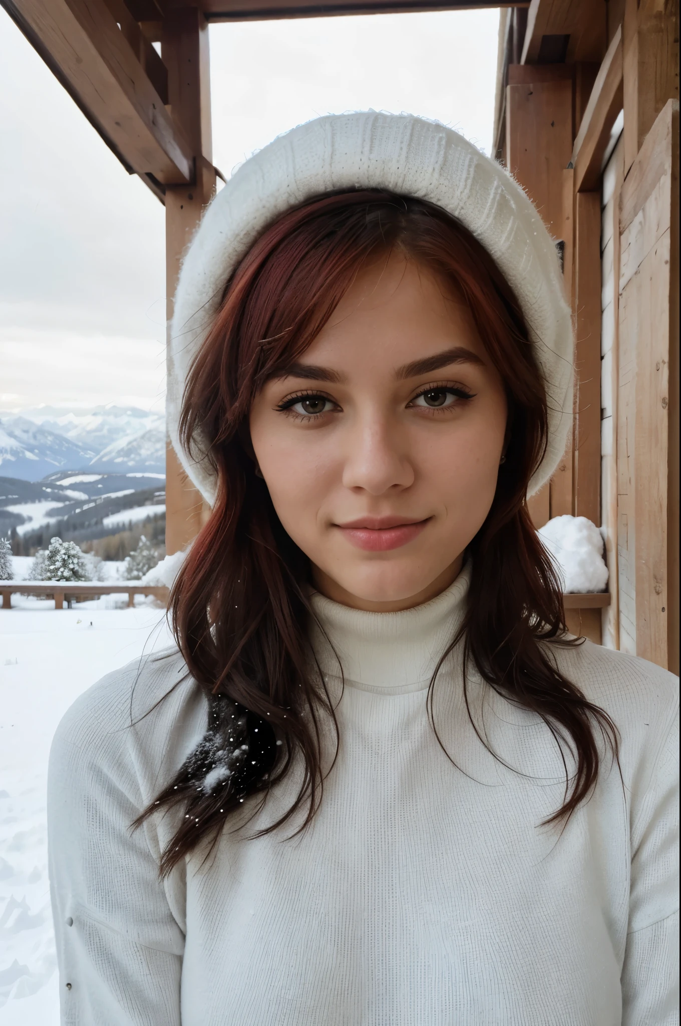 best quality, 4k , full body , ultra high resolution, beautiful girl, not too skinny, not too big, very fit girl, short bright red disheveled hair, black eyeshadow, not too big breast, she is wearing white turtleneck sweater and a winter cap, she is in mountain location with snow, she is not watching in camera, high res, detailed facial features ,sharp focus, smooth, aesthetic, happy, good vibes. The gym is a very cool place, modern gym with some other people