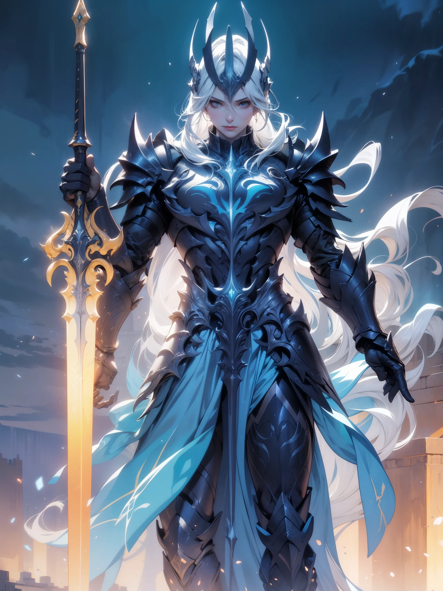 "An impressive paladin wields a sword full of light, Exuda una poderosa magia de luz. The setting is set in a dark and mysterious cityscape, Illuminated by the light of the Paladin's Sword. The composition is professionally crafted, Incredible attention to detail and cinematic lighting. The overall aesthetic is reminiscent of Fujifilm photography, Captura la belleza y la profundidad de la escena."