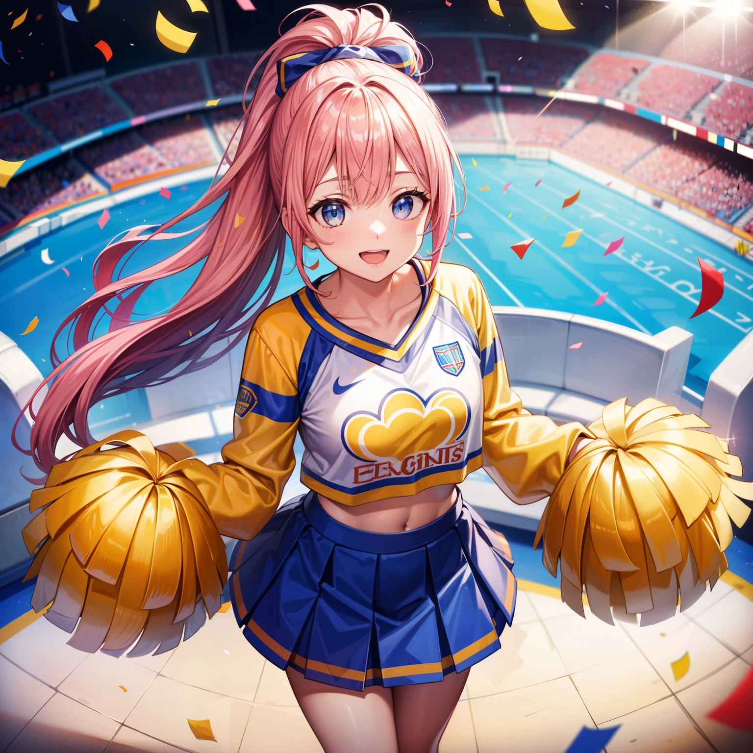 (highest quality:1.2), masterpiece, High resolution, perfect lighting, Lens flare, Cheerleader, long hair, ponytail, holding a pom pom, shirt, From above, big smile, chest, ,No sleeve, Brilliant, fine eyes, t-shirt, skirt, break ((colorful confetti)), stadium, nice, sparkling, effect