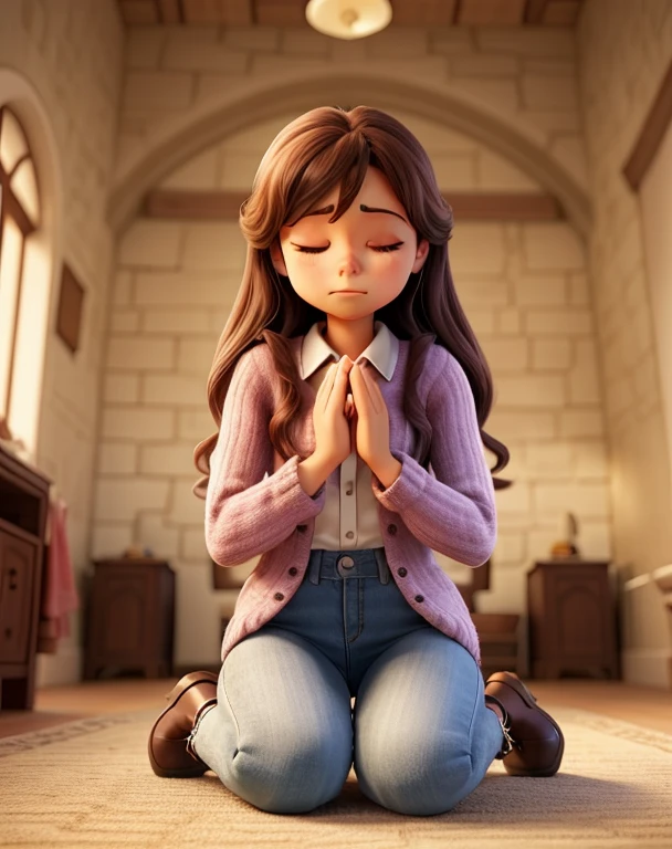 a woman praying with her eyes closed, kneeling on the ground and in the background a room