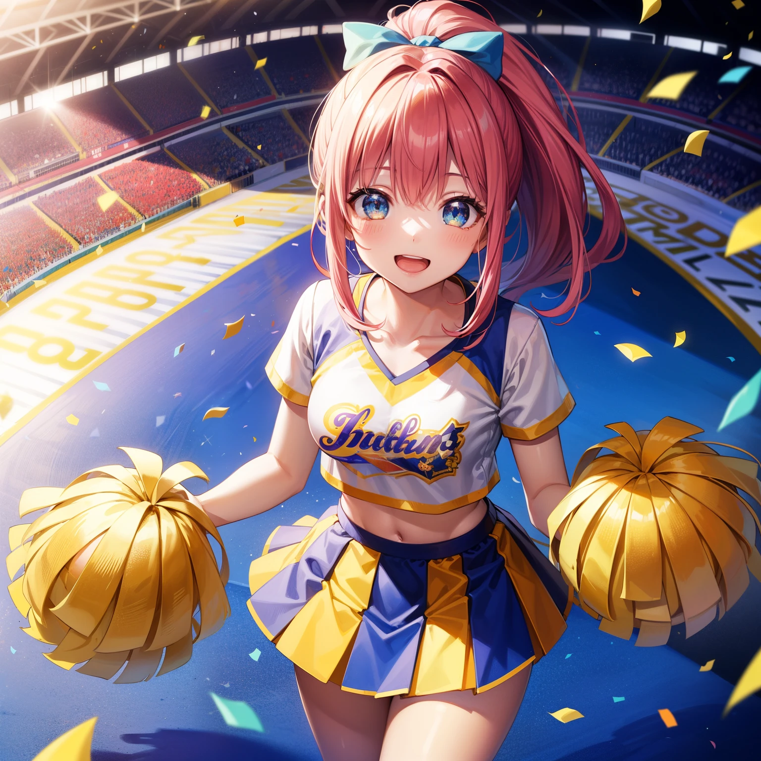 (highest quality:1.2), masterpiece, High resolution, perfect lighting, Lens flare, Cheerleader, long hair, ponytail, holding a pom pom, shirt, From above, big smile, chest, ,No sleeve, Brilliant, fine eyes, t-shirt, skirt, break ((colorful confetti)), stadium, nice, sparkling, effect