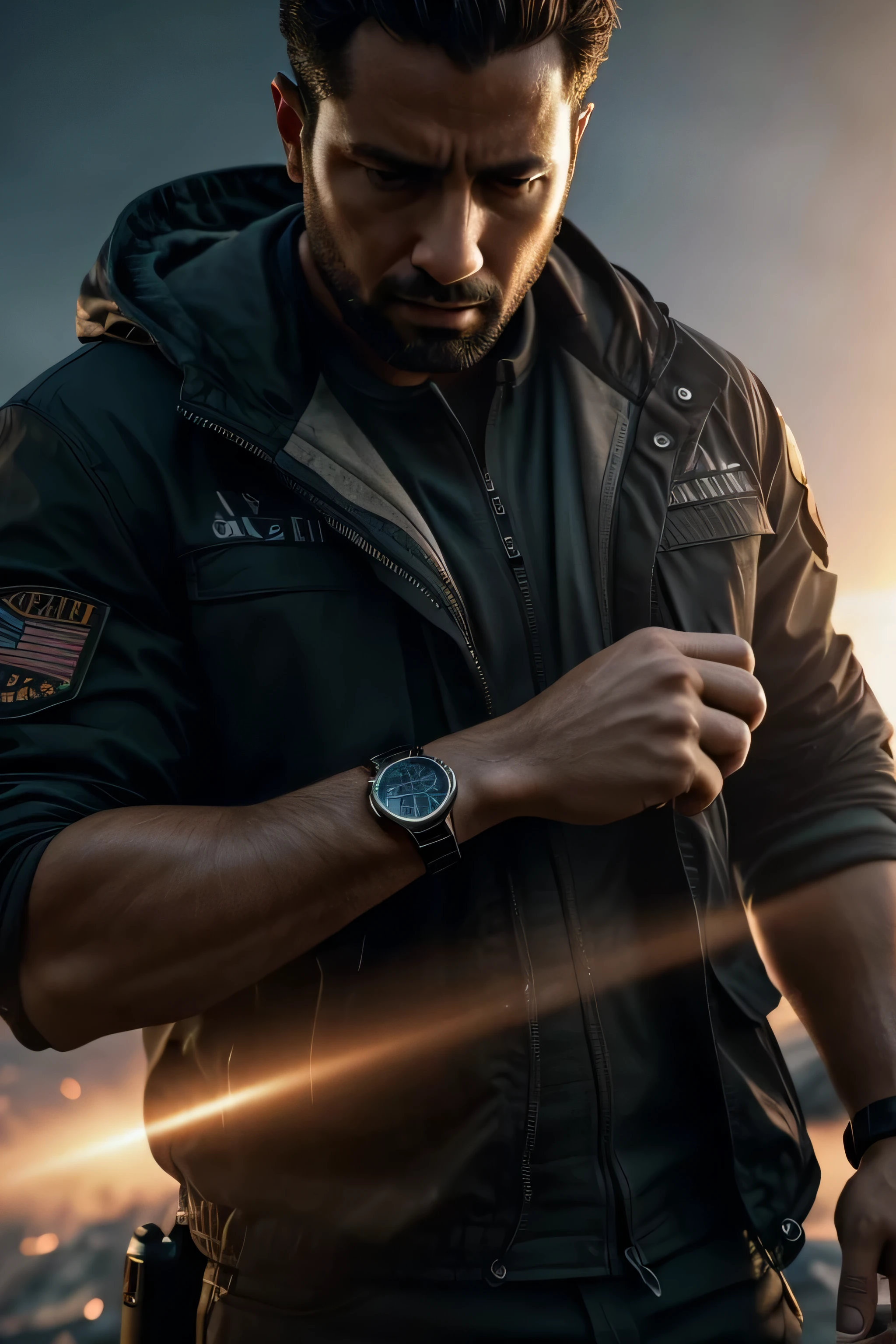 Photo of a man looking at the watch on his wrist. Behind him image of earthquake, imagem da guerra, image of strikes and social confusion. ultra-realista, Dramatic light, pale sunrise, cinematographic lighting, low angle, art station trends, 4k, hiperrealista, focado, detalhes extremos, motor irreal 5, cinematographic, obra de arte,