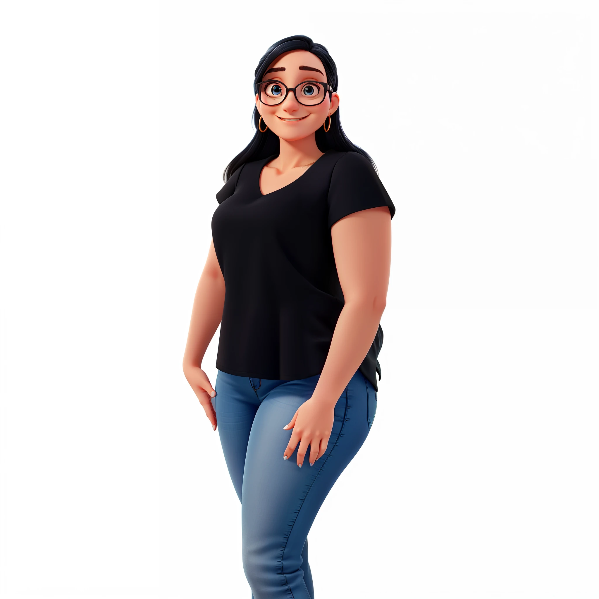 a woman standing in a black blouse and blue jeans, wearing hoop earrings, she is smiling at the camera and wearing glasses