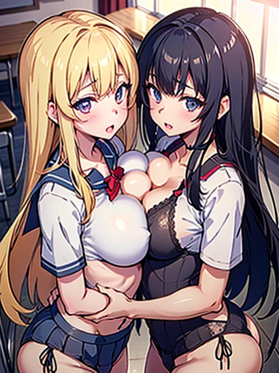 NSFW, nipple, cameltoes, (2 girls, young adult:1.5),Super beautiful detailed face, Staring at me, Open mouth slightly, shyly smile, Multiple girls, Raw photo, (Best Quality:1.2), masterpiece, 8k, high details, hight resolution, With the highest quality, (High-definition raw color photos:1.2), professional photograpy, Cinematic Light, (Fine face:1.2), (Summer high school uniform with wide open chest:1.3),(covered nipples:1.1), (Beautiful breasts:1.2), Beautiful breasts, girl portrait, (Panties), classroom, depth of fields, (View from above:1.2),(perfect anatomia,Extremely refined and beautiful:1.2),(super beatiful detailed big eyes:1.3),(beautiful gray eyes)