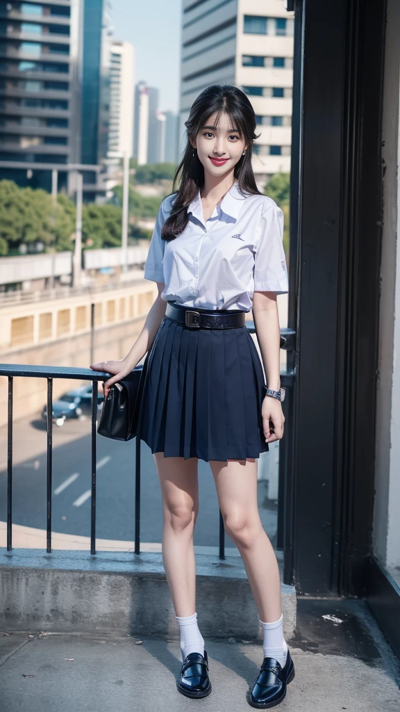 highest resolution, 8K, high definition, (((long hair))), ((beautiful girl, Japanese-Korean, Age 18-25 years, Height 173 centimeters)), (((stand, walk))) , (((Beautiful face, แต่งBeautiful face, Double eyelids, red lips, Smile at the corners of your mouth., Beautiful eyes))), ((beautiful woman, Real figure)), ((short sleeve, Thin white shirt, collar shirt)), ((Name embroidered in blue letters on the right chest of the shirt., have a name "Pornpitak" Rungruangpiwatsakul")), ((สัญลักษณ์โลโก้schoolที่อกซ้าย)), ((Dark blue long pleated skirt., Cover the whole leg)), ((Navy blue skirt, มีbeltผู้หญิง)), ((Big breasts, Breast augmentation)), ((Symmetrical figure, Sexy Body)), ((thin, small waist)), ((black elementary school shoes, Short white socks)), ((Wear a watch, belt)), ((Chanel Boy Medium 10 Black Caviar RHW Bag)), (((Full body, look at every part of the body))), ((background, balcony, building, school, building))