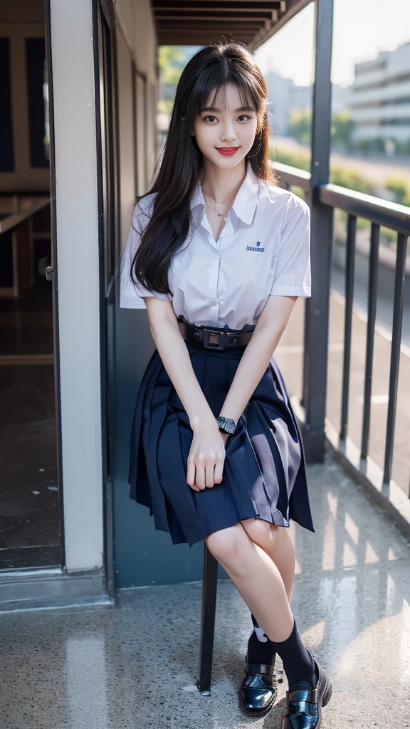 highest resolution, 8K, high definition, (((long hair))), ((beautiful girl, Japanese-Korean, Age 18-25 years, Height 173 centimeters)), (((stand, walk))) , (((Beautiful face, แต่งBeautiful face, Double eyelids, red lips, Smile at the corners of your mouth., Beautiful eyes))), ((beautiful woman, Real figure)), ((short sleeve, Thin white shirt, collar shirt)), ((Name embroidered in blue letters on the right chest of the shirt., have a name "Pornpitak" Rungruangpiwatsakul")), ((สัญลักษณ์โลโก้schoolที่อกซ้าย)), ((Dark blue long pleated skirt., Cover the whole leg)), ((Navy blue skirt, มีbeltผู้หญิง)), ((Big breasts, Breast augmentation)), ((Symmetrical figure, Sexy Body)), ((thin, small waist)), ((black  shoes, Short white socks)), ((Wear a watch, belt)), ((Chanel Boy Medium 10 Black Caviar RHW Bag)), (((Full body, look at every part of the body))), ((background, balcony, building, school, building))