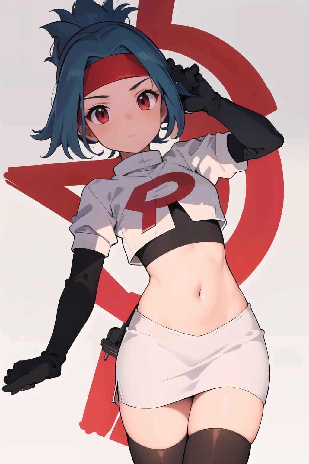 (masterpiece, best quality:1.2), solo, 1girl, solana, looking at viewer, headband, team rocket,team rocket uniform,white skirt,red letter R,crop top,black thigh-highs,black elbow gloves