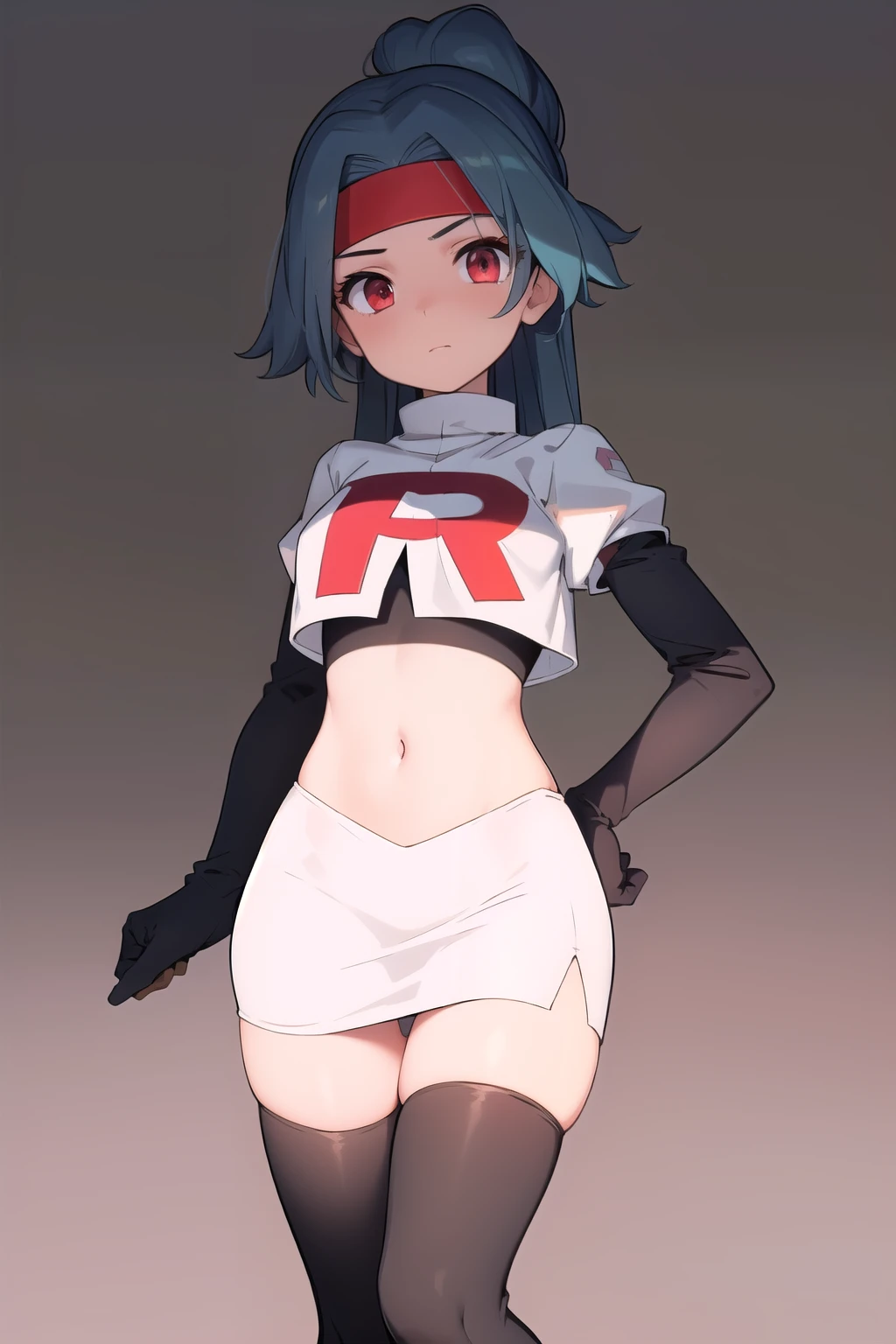 (masterpiece, best quality:1.2), solo, 1girl, solana, looking at viewer, headband, team rocket,team rocket uniform,white skirt,red letter R,crop top,black thigh-highs,black elbow gloves