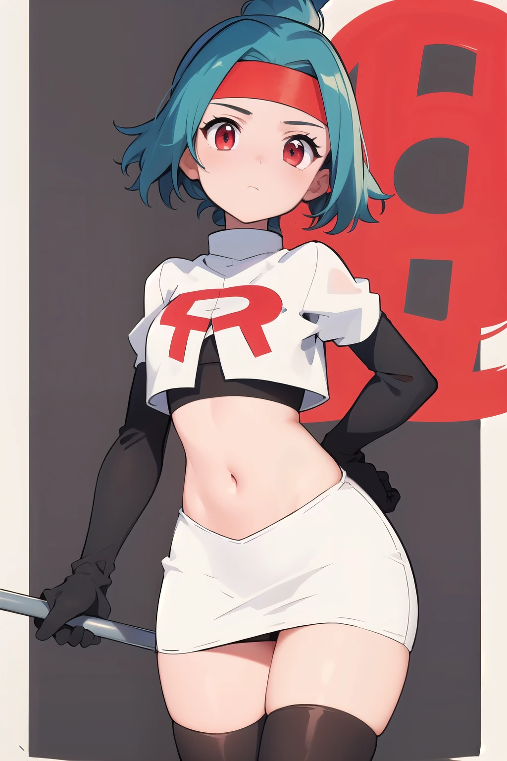 (masterpiece, best quality:1.2), solo, 1girl, solana, looking at viewer, headband, team rocket,team rocket uniform,white skirt,red letter R,crop top,black thigh-highs,black elbow gloves