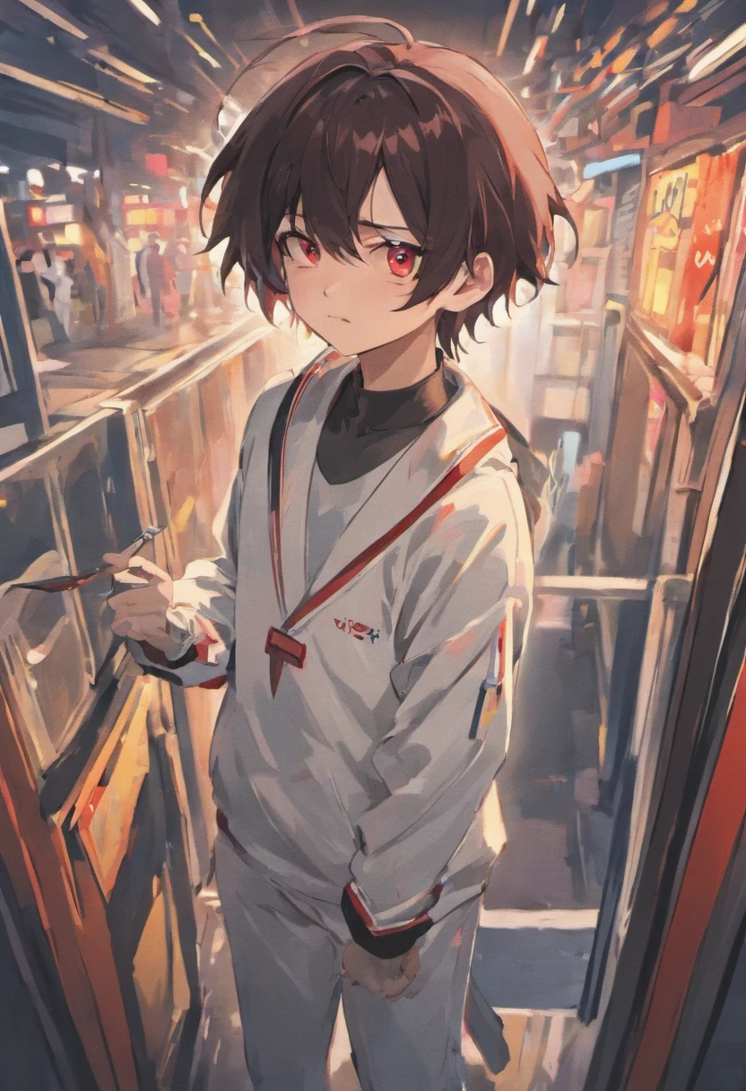 anime characters，Two-dimensional image，Japanese comic style，Wallpaper phone，8k，telephoto lens，best quality，full body portrait，Panorama 1 boy, 16 years old，Handsome，short black hair，Messy hairstyle，black hair, red eyes, white racing suit,high contrast, Stand by the car，The crotch is raised, Racing background