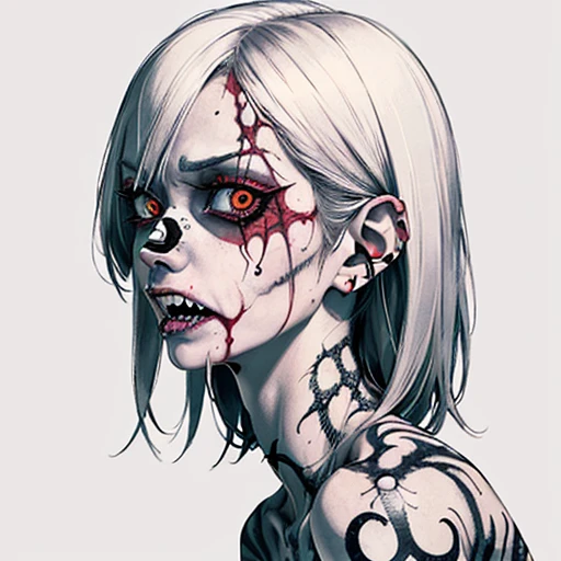 An image of a zombie witch with a creepy face, angry, wide numb eyes, scary open mouth, big sharp teeth with dripping blood and an occult tattoo on the neck, inspired by Junji Ito, junji ito style, art style of junji ito, in style of junji ito, ito junji art, style of junji ito, subtle junji ito, kaethe butcher, inspired by Hannah Frank, fleshy - cyborg - zombie