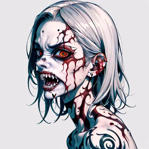 An image of a zombie witch with a creepy face, angry, wide numb eyes, scary open mouth, big sharp teeth with dripping blood and an occult tattoo on the neck, inspired by Junji Ito, junji ito style, art style of junji ito, in style of junji ito, ito junji art, style of junji ito, subtle junji ito, kaethe butcher, inspired by Hannah Frank, fleshy - cyborg - zombie