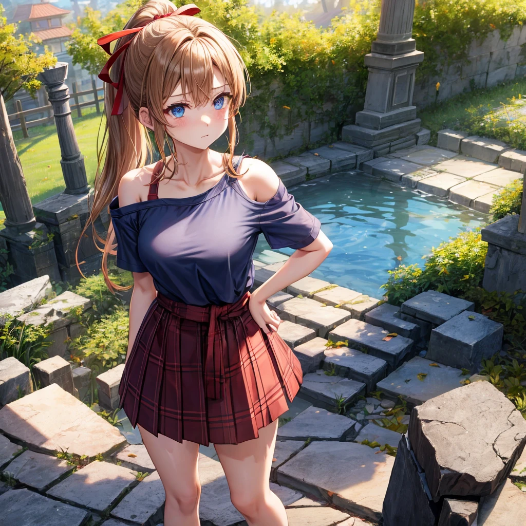 reddish-brown blonde、blue hair、blue eyes、ponytail、one good looking girl、solo、anime、Plaid miniskirt、camisole、black t-shirt、Clothes are torn、Tilting your face、Doing the ribbon、Ribbon at waist、sunset sky、broken stone steps、ruins、tunnel、Fallen leaves、light and feet up、column、sparks fall、forest、tall grass grows、cloak、the ground is cracked、Vortex of Light、looking down、Shortness of breath