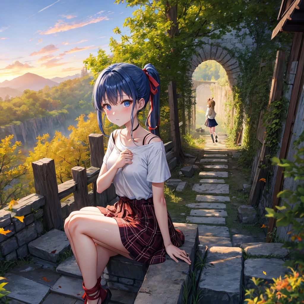 reddish-brown blonde、blue hair、blue eyes、ponytail、one good looking girl、solo、anime、Plaid miniskirt、camisole、black t-shirt、Clothes are torn、Tilting your face、Doing the ribbon、Ribbon at waist、sunset sky、broken stone steps、ruins、tunnel、Fallen leaves、light and feet up、column、sparks fall、forest、tall grass grows、cloak、the ground is cracked、Vortex of Light、looking down、Shortness of breath