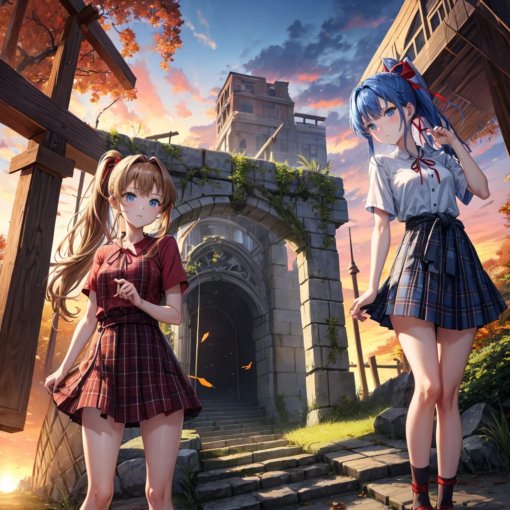 reddish-brown blonde、blue hair、blue eyes、ponytail、one good looking girl、solo、anime、Plaid miniskirt、camisole、black t-shirt、Clothes are torn、Tilting your face、Doing the ribbon、Ribbon at waist、sunset sky、broken stone steps、ruins、tunnel、Fallen leaves、light and feet up、column、sparks fall、forest、tall grass grows、cloak、the ground is cracked、Vortex of Light、looking down、Shortness of breath