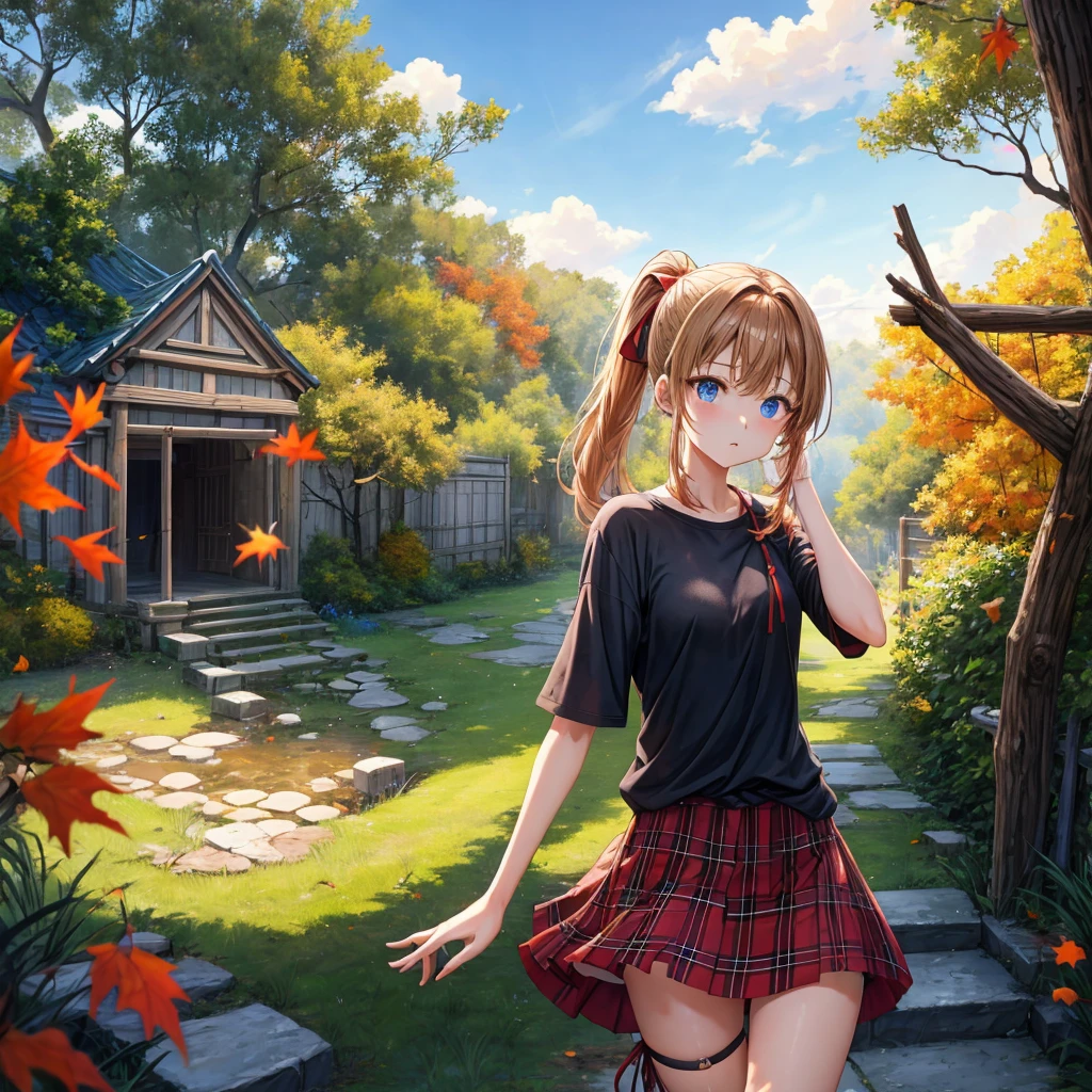 reddish-brown blonde、blue hair、blue eyes、ponytail、one good looking girl、solo、anime、Plaid miniskirt、camisole、black t-shirt、Clothes are torn、Tilting your face、Doing the ribbon、Ribbon at waist、sunset sky、broken stone steps、ruins、tunnel、Fallen leaves、light and feet up、column、sparks fall、forest、tall grass grows、cloak、the ground is cracked、Vortex of Light、looking down、Shortness of breath