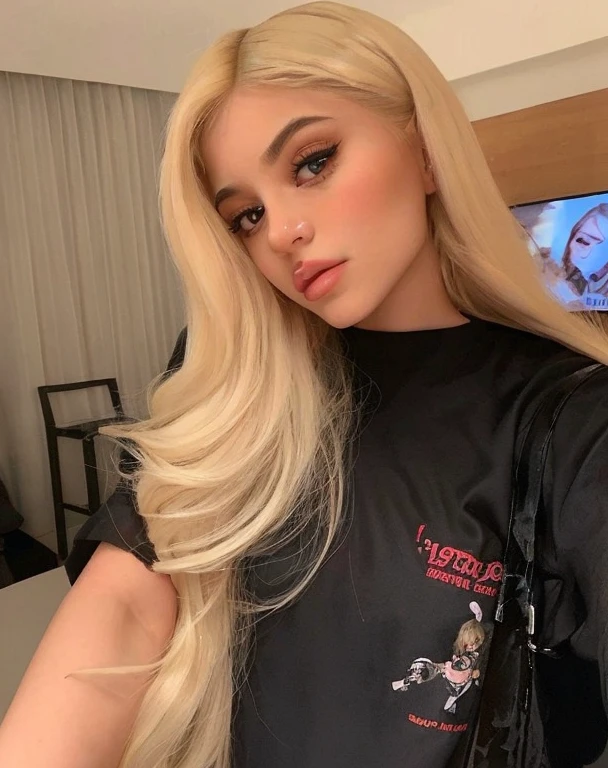 blonde woman with long hair and a black shirt taking a selfie, ava max, kylie jenner, her hair is white, she has blond hair, 18 years old, blonde goddess, long blonde hair and large eyes, gorgeous lady, blonde straight hair, ariana grande, blonde hair and large eyes, blonde, bleach blonde hair, long blonde hair and big eyes