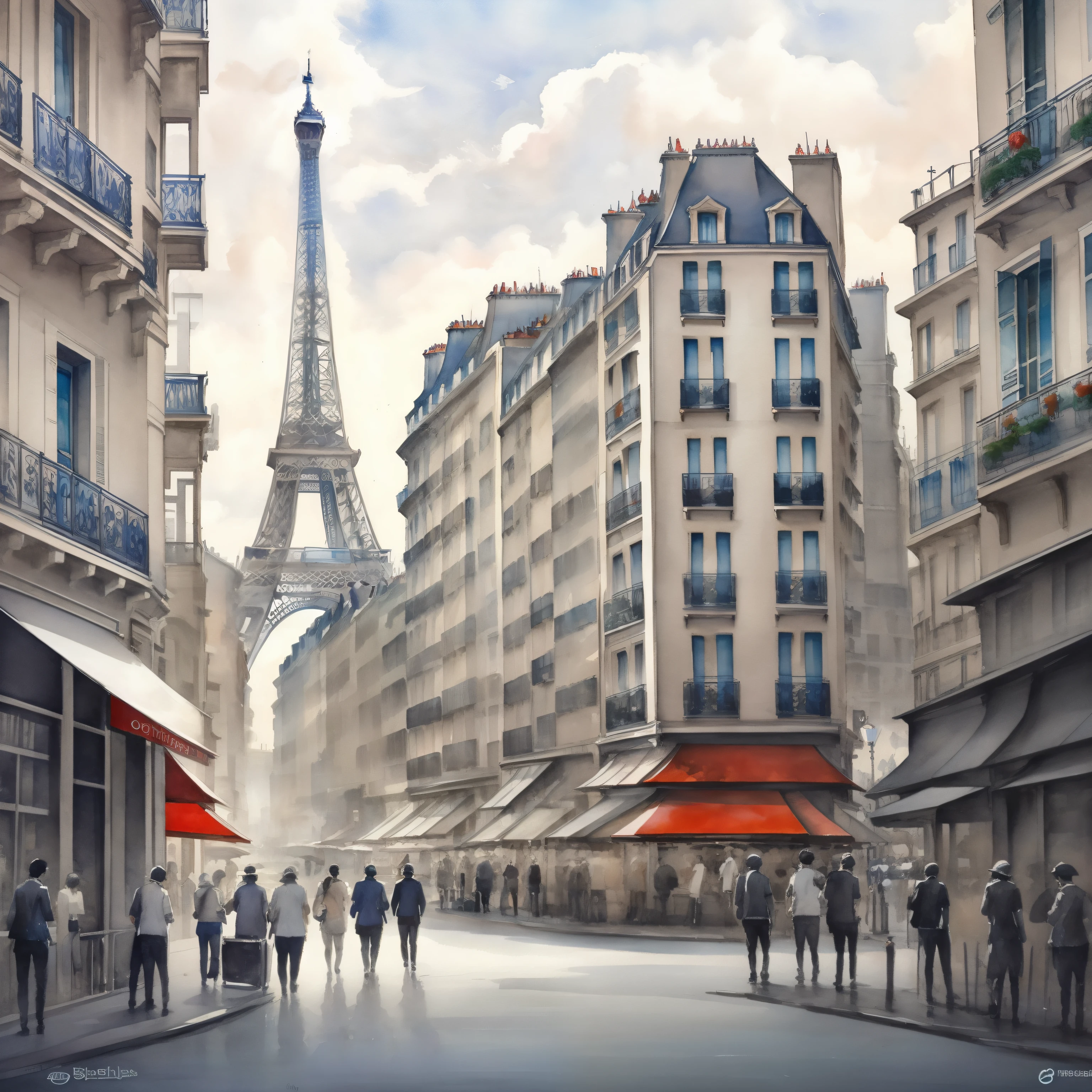 white and black painting of a city with a busy street, Eiffel tower in view, in the style of contemporary collage, (( Paris )), street caffee, peoples, , album covers, fluid, high detailed, masterpiece of watercolor painting, relief, Very detailed.