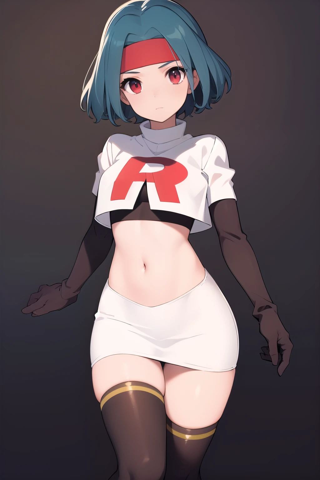 (masterpiece, best quality:1.2), solo, 1girl, solana, looking at viewer, headband, team rocket,team rocket uniform,white skirt,red letter R,crop top,black thigh-highs,black elbow gloves