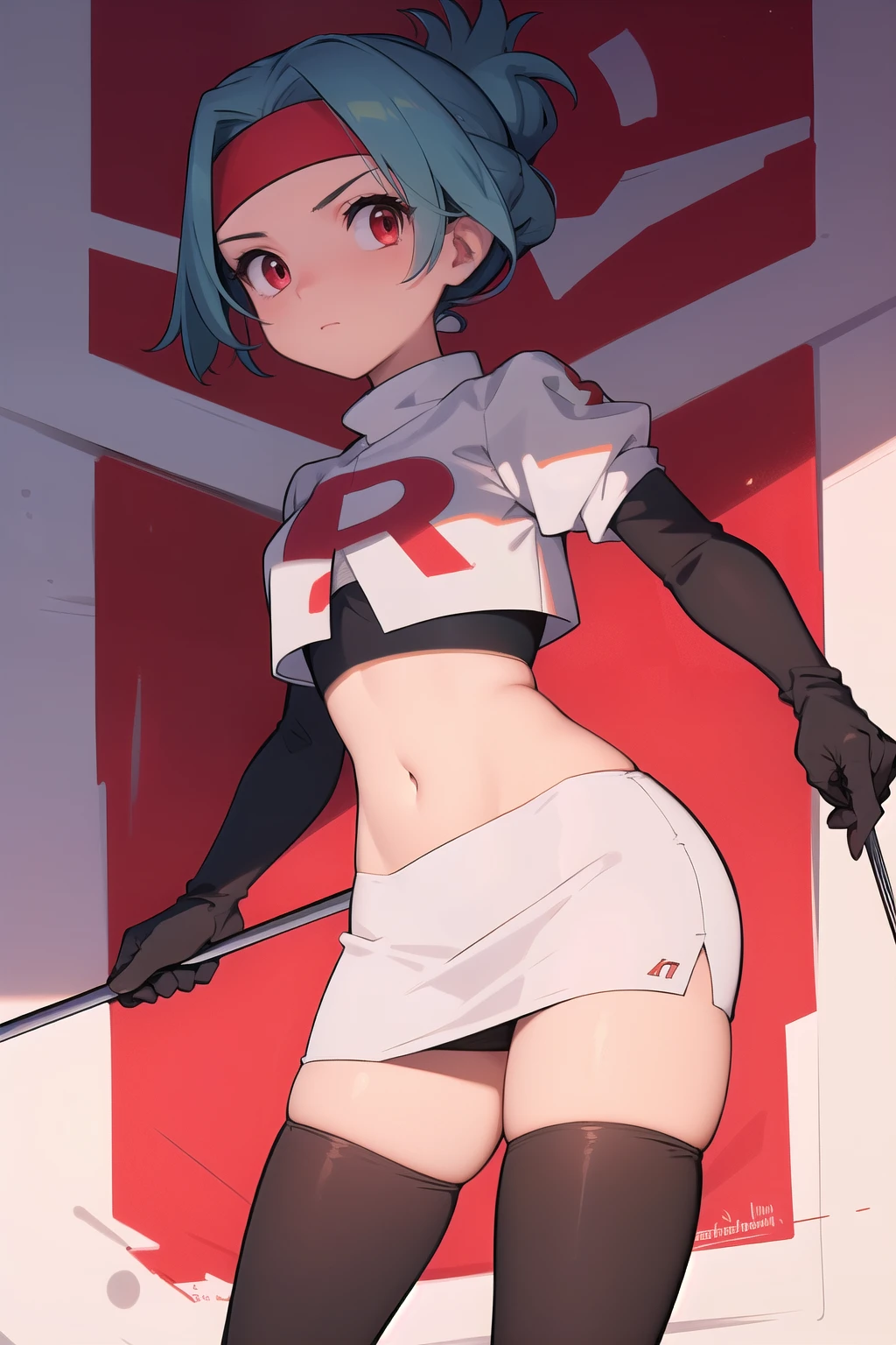 (masterpiece, best quality:1.2), solo, 1girl, solana, looking at viewer, headband, team rocket,team rocket uniform,white skirt,red letter R,crop top,black thigh-highs,black elbow gloves