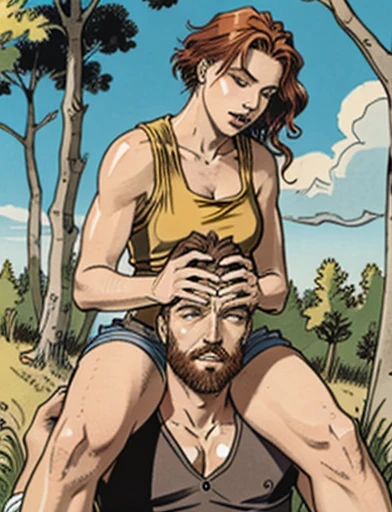 ""leggy redhaired woman in short shorts" sitting onto dead guy's neck, holding his head between her hands. "woman on top of man" woman on man shoulders" "sitting on his shoulders" "woman is holding deadman's head" "sitting onto shoulders". woman sitting man shoulders, the man's back is against a tree.
