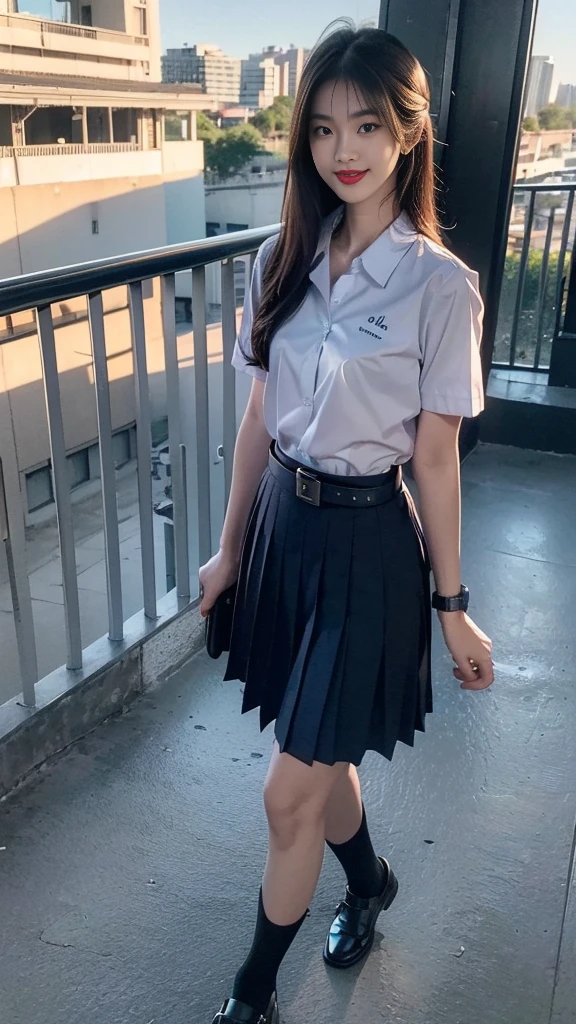 highest resolution, 8K, high definition, (((long hair))), ((beautiful girl, Japanese-Korean, Age 18-25 years, Height 173 centimeters)), (((stand, walk))) , (((Beautiful face, แต่งBeautiful face, Double eyelids, red lips, Smile at the corners of your mouth., Beautiful eyes))), ((beautiful woman, Real figure)), ((short sleeve, Thin white shirt, collar shirt)), ((Name embroidered in blue letters on the right chest of the shirt., have a name "Pornpitak" Rungruangpiwatsakul")), ((สัญลักษณ์โลโก้schoolที่อกซ้าย)), ((Dark blue long pleated skirt., Cover the whole leg)), ((Navy blue skirt, มีbeltผู้หญิง)), ((Big breasts, Breast augmentation)), ((Symmetrical figure, Sexy Body)), ((thin, small waist)), ((black elementary school shoes, Short white socks)), ((Wear a watch, belt)), ((Chanel Boy Medium 10 Black Caviar RHW Bag)), (((Full body, look at every part of the body))), ((background, balcony, building, school, building))