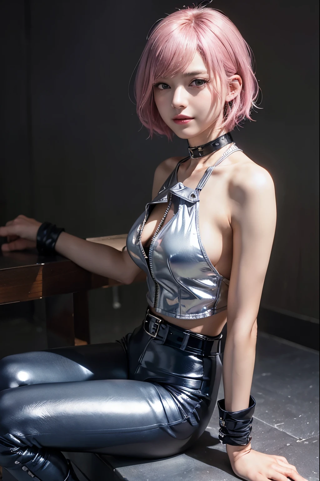 (8K, top-quality, masterpiece:1,2), (reallistic, Photorealsitic:1.37), Super Detail, One girl,), (Highly detailed), (beautifully detailed eyes), (of the highest quality), (super detailed ), (masterpiece), (Detailed face),20yr old, ,1 girl, ((pink hair,Very short hair)), medium breasts, clothed, Perfect Lighting, BREAK (shiny dark blue leather jacket:1.4), (shiny silver silk camisole:1.3), (shiny cream sharp blouse:1.3), (shiny slim fit dark gray leggings:1.5), (slim and tight silhouette:1.4), (shiny silver zipper and belt on jacket:1.3), (shiny thick dark gray fishnet tights:1.3), (shiny dark gray lace-up boots:1.4), (shiny silver bangle:1.2), (dark blue leather choker:1.2), BREAK Close-up from the chest up, half-lidded blissful expression and gentle smile. Posed as if handcuffed to a wall, she leans forward in search of sexual pleasure. The background is dimly lit and soft light illuminates her face, emphasizing the situation