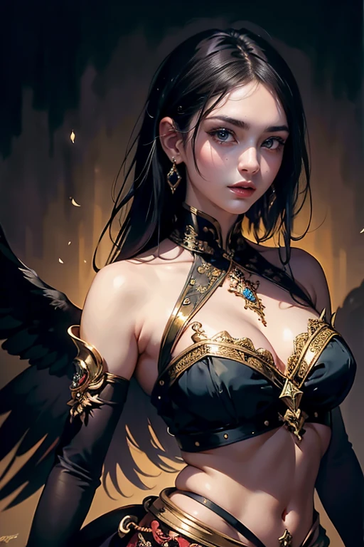 masterpiece, perfect face, best quality, intricate details, A end of time fantasy theme, an enchanting painting of a young woman, alot of jewels, Photorealistic Art ,8 , High Resolution, Real, Ultra-Detailler , ornate tattoo, ((cropped top, short shorts)), aesthetic, (high contrast:1.3) highly detailed, smooth soft skin, detailed straight hair, symmetrical, hyperrealistic, UHD, HDR, 16K, professional photography,