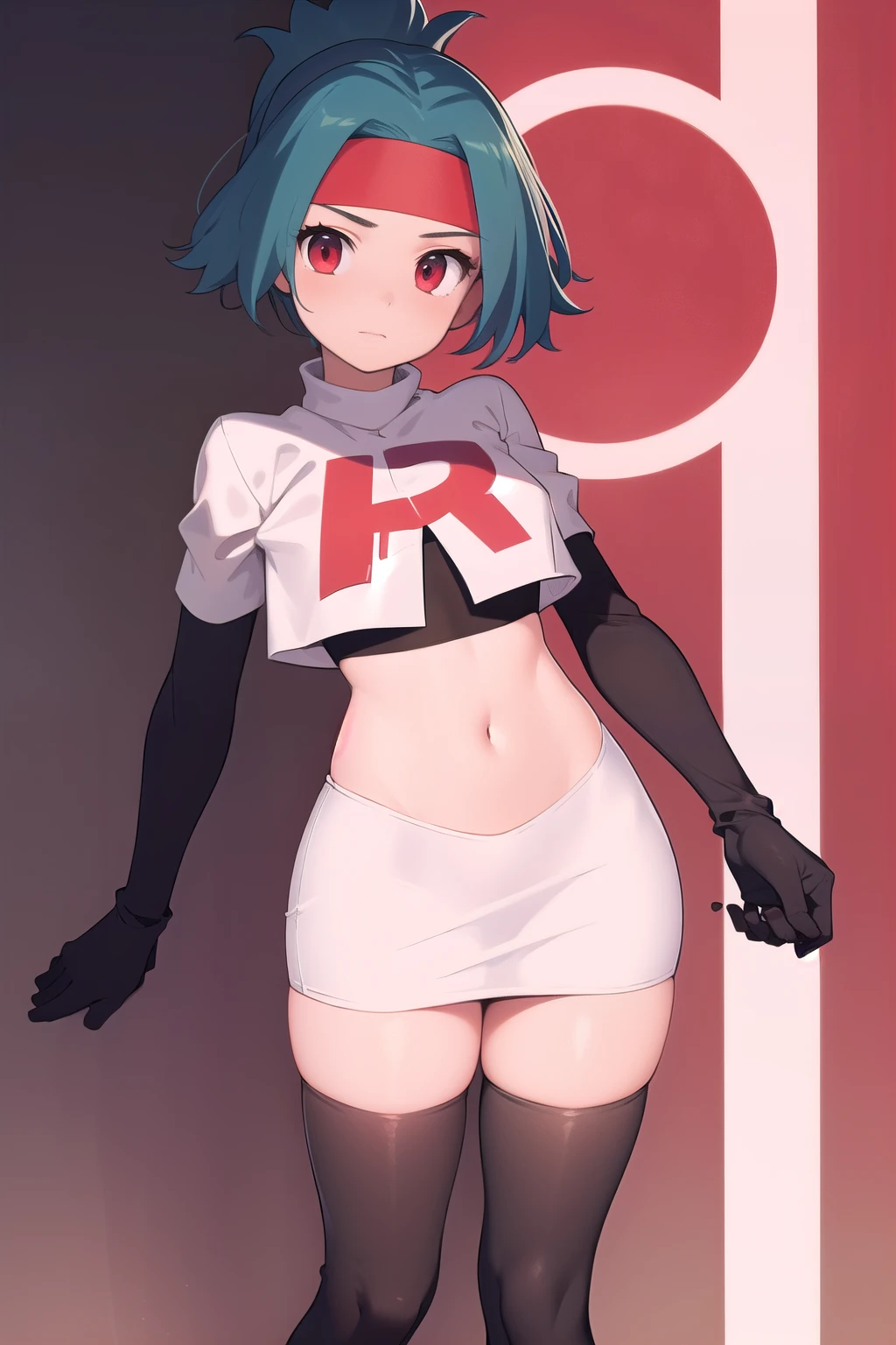 (masterpiece, best quality:1.2), solo, 1girl, solana, looking at viewer, headband, team rocket,team rocket uniform,white skirt,red letter R,crop top,black thigh-highs,black elbow gloves