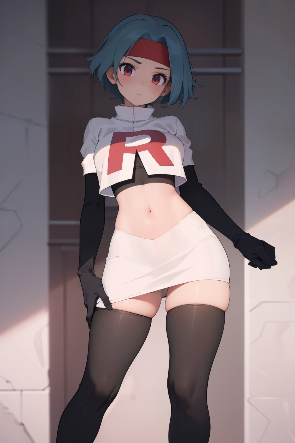 (masterpiece, best quality:1.2), solo, 1girl, solana, looking at viewer, headband, team rocket,team rocket uniform,white skirt,red letter R,crop top,black thigh-highs,black elbow gloves