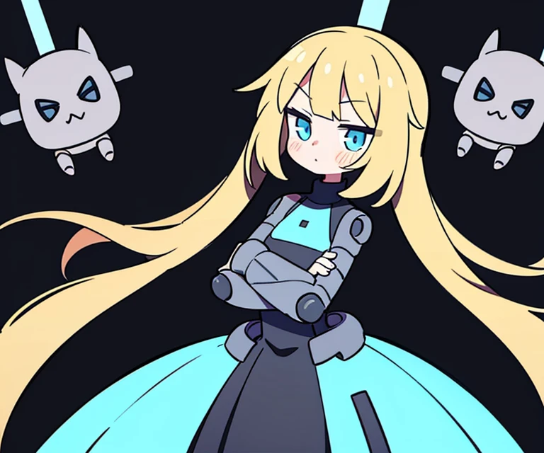 1girl, android, cyborg, mechanical body, doll joints, (pout:0.8), crossed arms, dress, simple background, solo