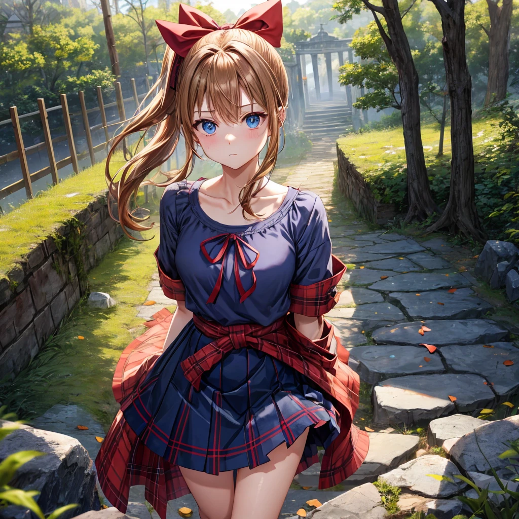 reddish-brown blonde、blue hair、blue eyes、ponytail、one good looking girl、solo、anime、Plaid miniskirt、camisole、black t-shirt、Clothes are torn、Tilting your face、Doing the ribbon、Ribbon at waist、sunset sky、broken stone steps、ruins、tunnel、Fallen leaves、Light and shadow、Raising legs、column、sparks fall、forest、tall grass grows、cloak、the ground is cracked、Vortex of Light、looking down、Shortness of breath