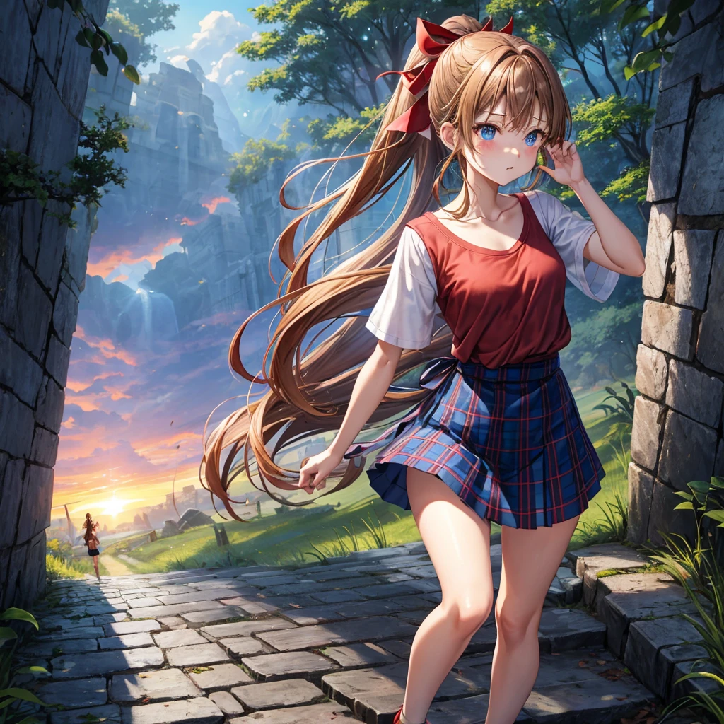 reddish-brown blonde、blue eyes、Braid、ponytail、one good looking girl、solo、anime、Plaid miniskirt、camisole、black t-shirt、dress、Doing the ribbon、Ribbon at waist、cloak、Crystal Grotto、wearing a hood、grass、clouds are swirling、stone slabs are piled up、One hand is raised、Wearing a baseball cap