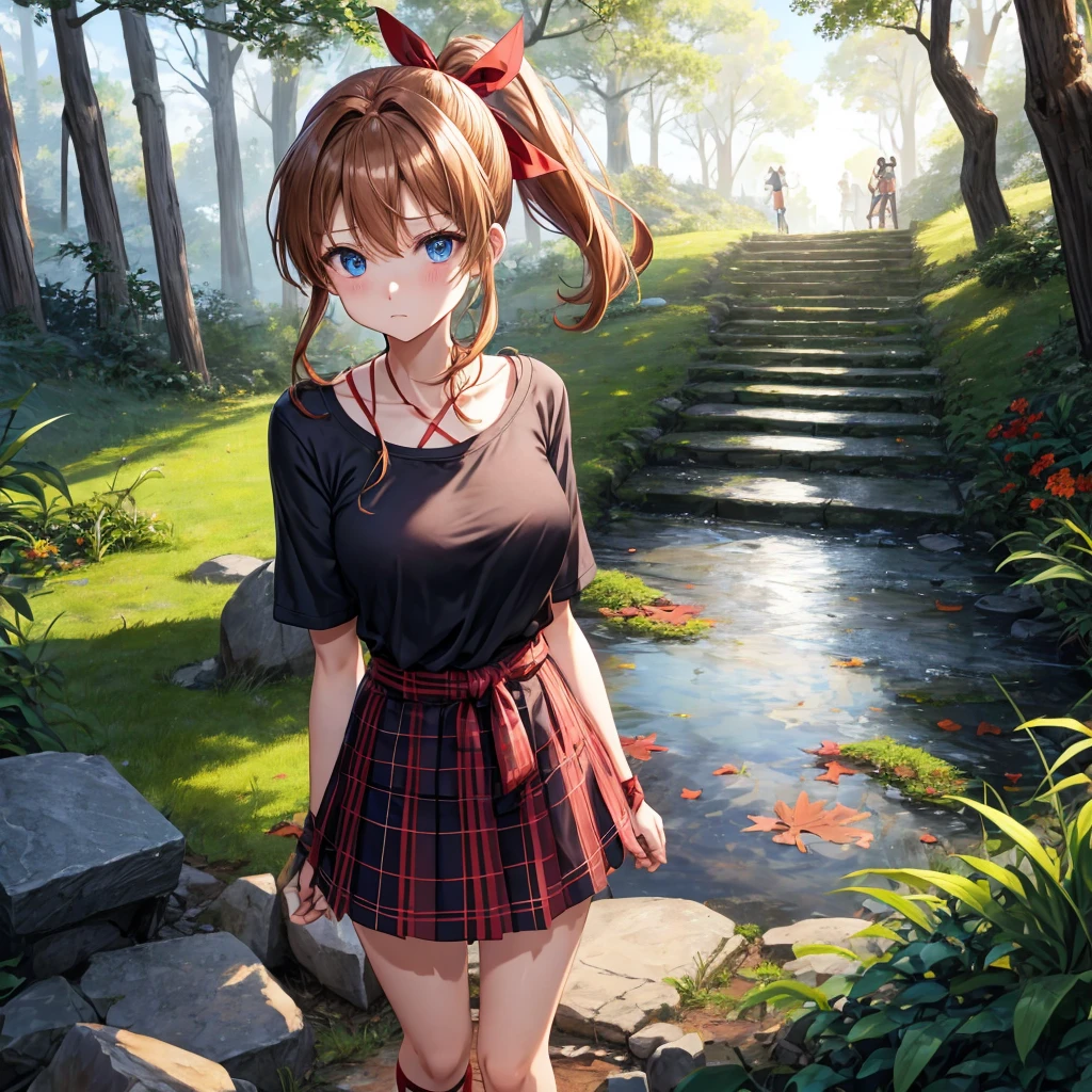 reddish-brown blonde、blue hair、blue eyes、ponytail、one good looking girl、solo、anime、Plaid miniskirt、camisole、black t-shirt、Clothes are torn、Tilting your face、Doing the ribbon、Ribbon at waist、sunset sky、broken stone steps、ruins、tunnel、Fallen leaves、Light and shadow、Raising legs、column、sparks fall、forest、tall grass grows、cloak、the ground is cracked、Vortex of Light、looking down、Shortness of breath