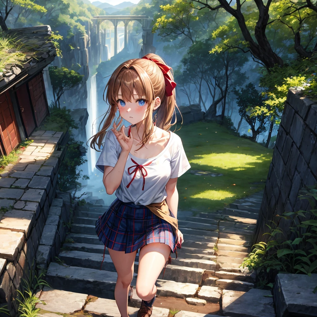 reddish-brown blonde、blue hair、blue eyes、ponytail、one good looking girl、solo、anime、Plaid miniskirt、camisole、black t-shirt、Clothes are torn、Tilting your face、Doing the ribbon、Ribbon at waist、sunset sky、broken stone steps、ruins、tunnel、Fallen leaves、Light and shadow、Raising legs、column、sparks fall、forest、tall grass grows、cloak、the ground is cracked、Vortex of Light、looking down、Shortness of breath
