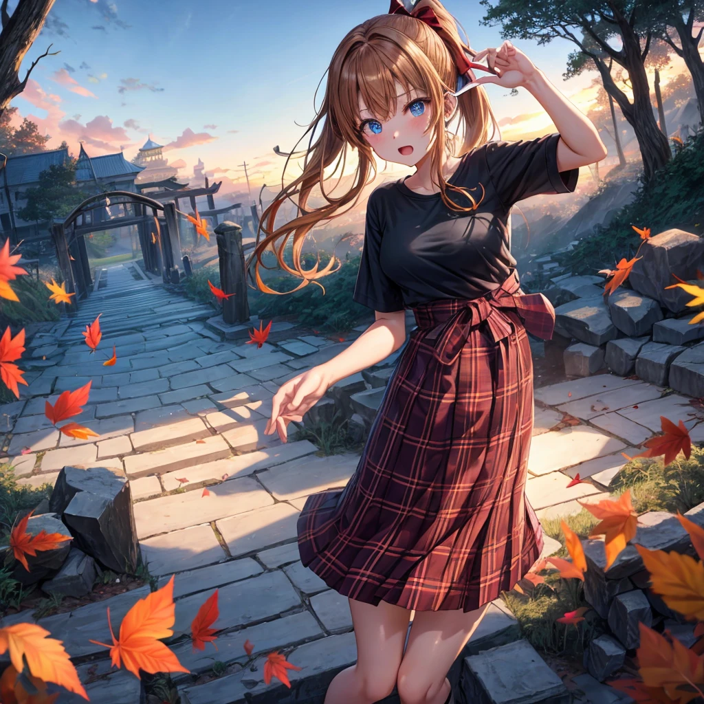 reddish-brown blonde、blue hair、blue eyes、ponytail、one good looking girl、solo、anime、Plaid miniskirt、camisole、black t-shirt、Clothes are torn、Tilting your face、Doing the ribbon、Ribbon at waist、sunset sky、broken stone steps、ruins、tunnel、Fallen leaves、Light and shadow、Raising legs、column、sparks fall、forest、tall grass grows、cloak、the ground is cracked、Vortex of Light、looking down、Shortness of breath