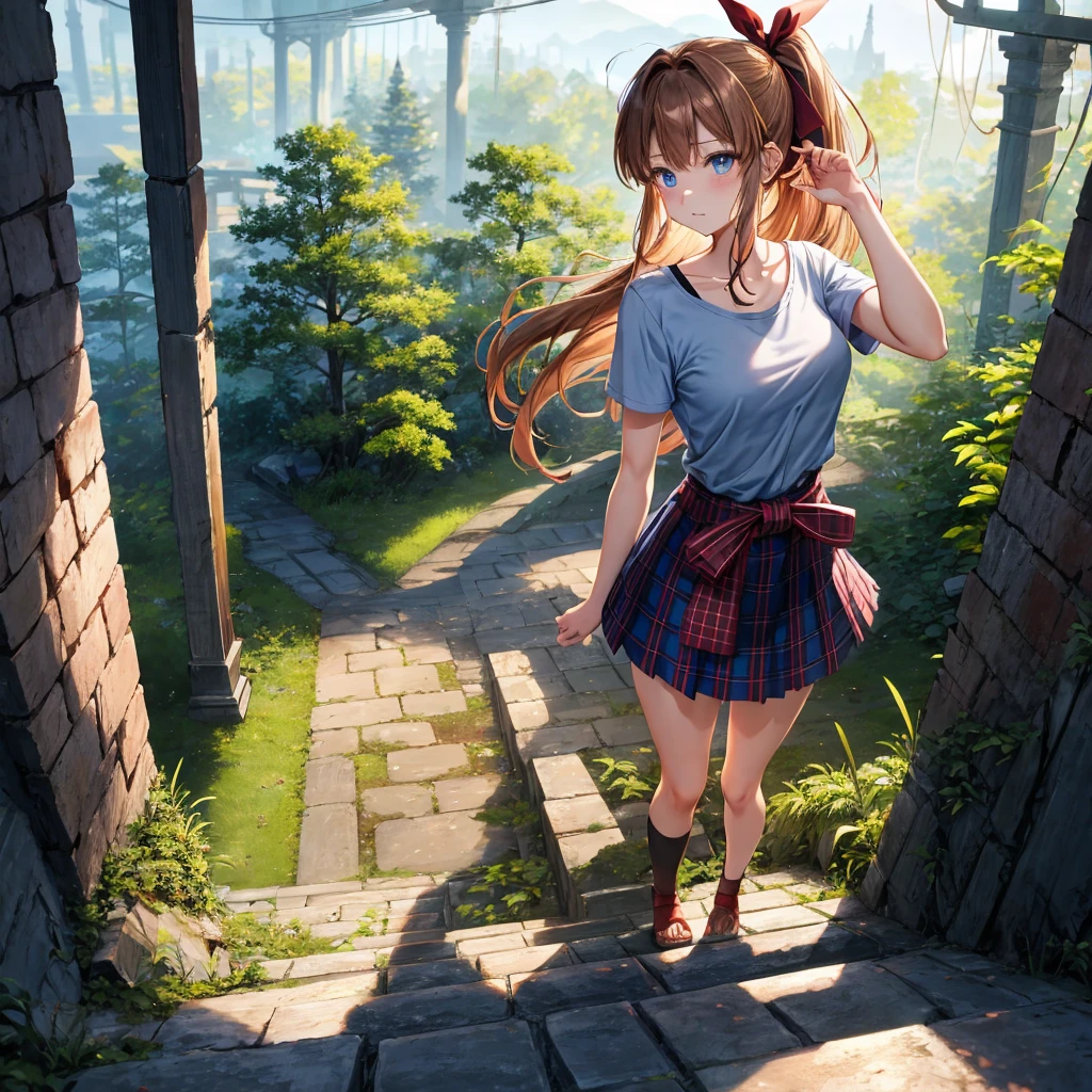 reddish-brown blonde、blue hair、blue eyes、ponytail、one good looking girl、solo、anime、Plaid miniskirt、camisole、black t-shirt、Clothes are torn、Tilting your face、Doing the ribbon、Ribbon at waist、sunset sky、broken stone steps、ruins、tunnel、Fallen leaves、Light and shadow、Raising legs、column、sparks fall、forest、tall grass grows、cloak、the ground is cracked、Vortex of Light、looking down、Shortness of breath