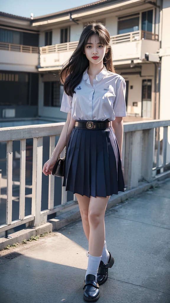 Medium range shots, highest resolution, 8K, high definition, (((long hair))), ((beautiful girl, Japanese-Korean, Age 18-25 years, Height 173 centimeters)), (((stand, walk))) , (((Beautiful face, แต่งBeautiful face, Double eyelids, red lips, Smile at the corners of your mouth., Beautiful eyes))), ((beautiful woman, Real figure)), ((short sleeve, Thin white shirt, collar shirt)), ((Name embroidered in blue letters on the right chest of the shirt., have a name "Pornpitak" Rungruangpiwatsakul")), ((สัญลักษณ์โลโก้schoolที่อกซ้าย)), ((Dark blue long pleated skirt., Cover the whole leg)), ((Navy blue skirt, มีbeltผู้หญิง)), ((Big breasts, Breast augmentation)), ((Symmetrical figure, Sexy Body)), ((thin, small waist)), ((black elementary school shoes, Short white socks)), ((Wear a watch, belt)), ((Chanel Boy Medium 10 Black Caviar RHW Bag)), (((Full body, look at every part of the body))), ((background, balcony, building, school, building))