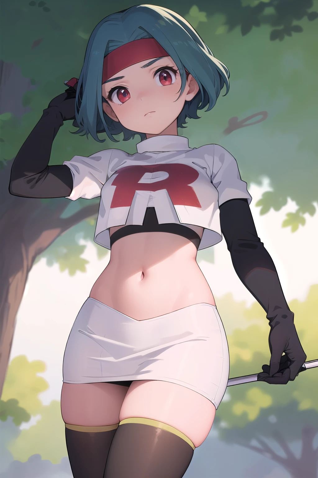 (masterpiece, best quality:1.2), solo, 1girl, solana, looking at viewer, headband, team rocket,team rocket uniform,white skirt,red letter R,crop top,black thigh-highs,black elbow gloves