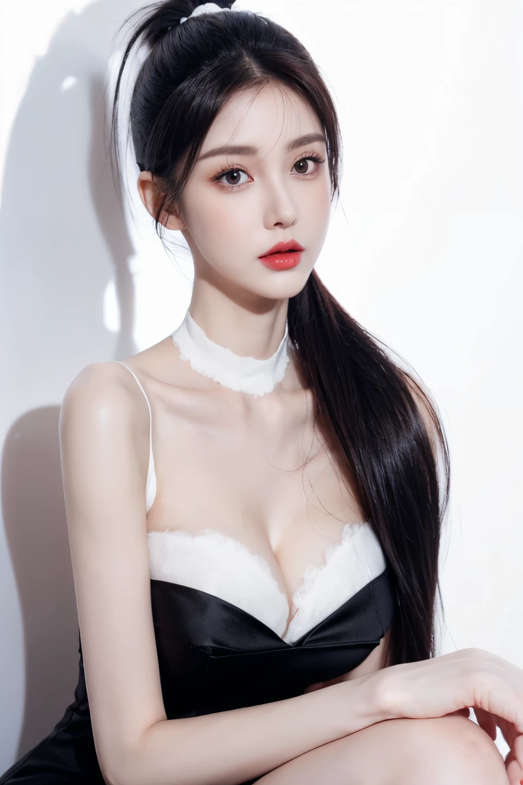 A slender woman, red glossy lips, (Extremely detailed beautiful face), (The sexiest look), (best quality), (Super detailed), (Extremely detailed CG unified 8k wallpaper),original photo, Professional photography, (standing), (pure white background:1.5),(Long black ponytail hair),Show forehead,(cleavage),,(big eyes),(breast),,Frontal fill light),(Frontal light source),(Soft light source),(black dress)