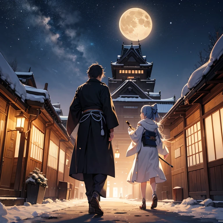 （The dancing beauty of the Edo period：1.8）CG reminiscent of Edo in Japan，Edo Castle, which is gigantic and enchanting with its torches, and the town of Edo have a unique atmosphere.。night，huge moon：1.5，The stars are bright，The smoke is tempting，maple leaves and milk leaves are trees。snow scene、Shinsengumi、samurai man、back view
